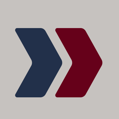 Logo strony - dwie strzałki w prawo. Granatowa i bordowa na jasnoszarym tel